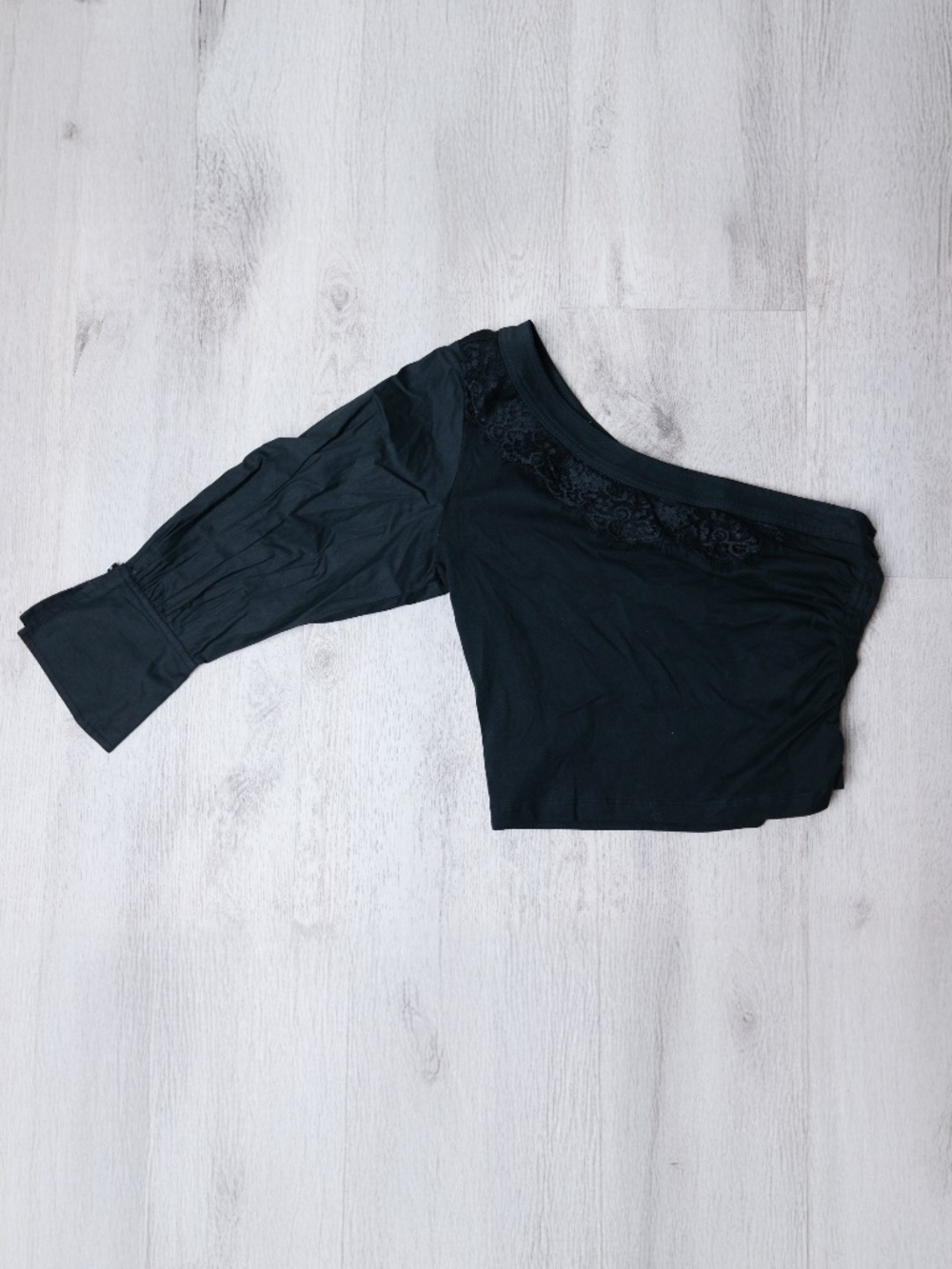 NWT, By Anthopologie One Shoulder Puff Sleeve Lace Top Women Size XS Black